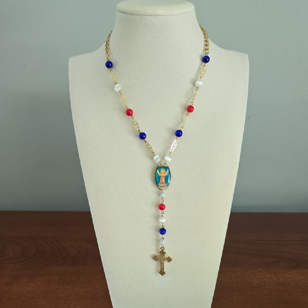 Gold and Multicolor Beaded Necklace with Cross Pendant